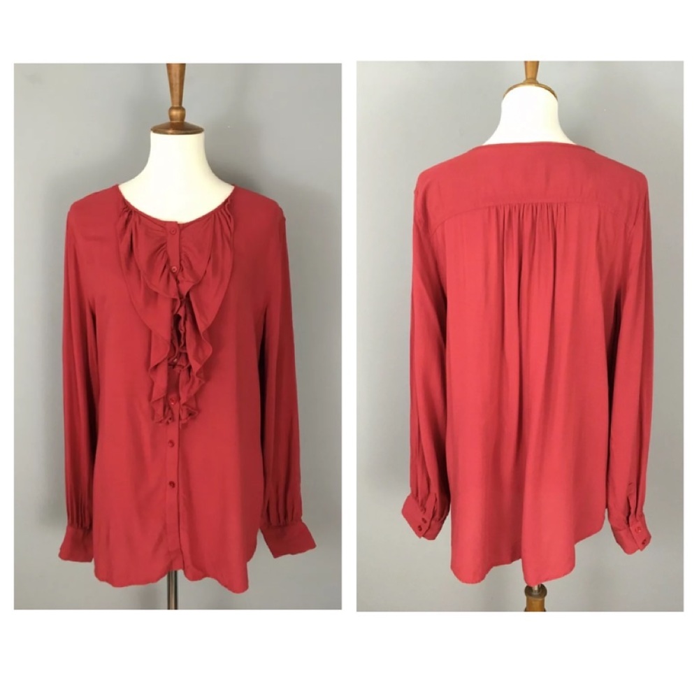 Sundance Ruffle Front Blouse Sz L Clay Red Rayon Long Sleeve Button Front Top